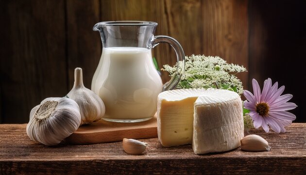 handcrafted close up of fresh cheese and milk with garlic and flowers on wooden table