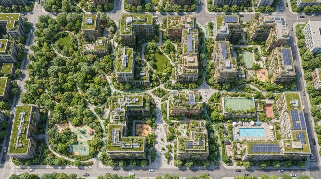 Aerial view of sustainable eco friendly modern smart city with green roofs, solar panels, residential apartments, and lush parklands