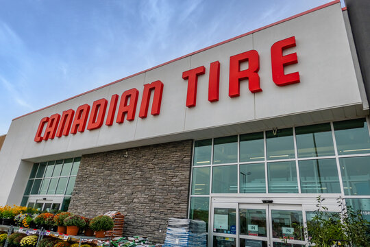 Calgary, Alberta, Canada. September 27, 2026. Exterior storefront view of a Canadian Tire retail store with entrance and signage.