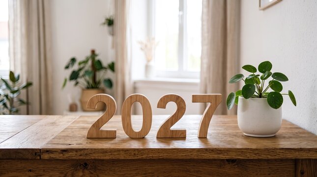 Wooden numbers 2027 standing on a rustic wooden table with a small green pilea plant in a white ceramic pot and blurred window background