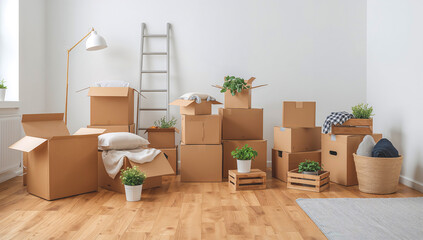 Fototapeta premium Modern interior space filled with cardboard boxes and home decor items