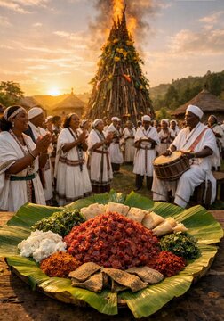 "Traditional Ethiopian Gurage Meskel festival celebration with Demera bonfire and Kitfo food"