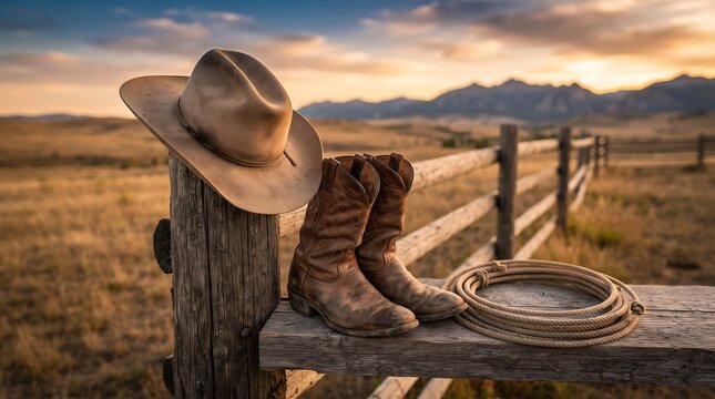 Cowboy Hat and Old Boots on Rustic Wooden Fence, Western Nostalgic Lifestyle