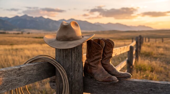 Vintage Cowboy Hat and Boots on Weathered Fence, Classic Western Countryside