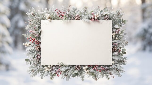Card framed by snowy pine branches and red berries sits outdoors.