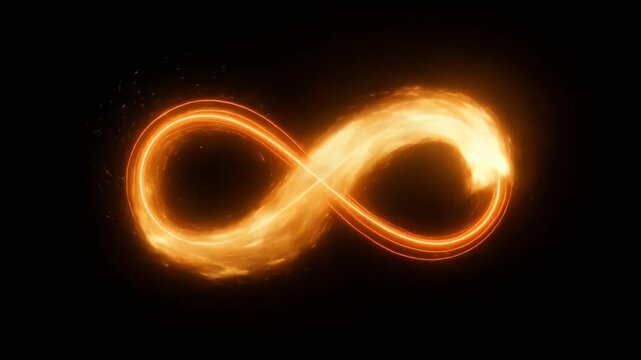 Golden infinity symbol glowing with circulating energy particles on a deep black background