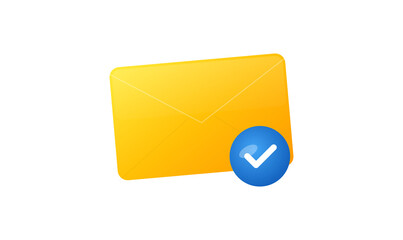 Yellow envelope icon png image with blue checkmark email message success website banner vector illustration © SHELINA 