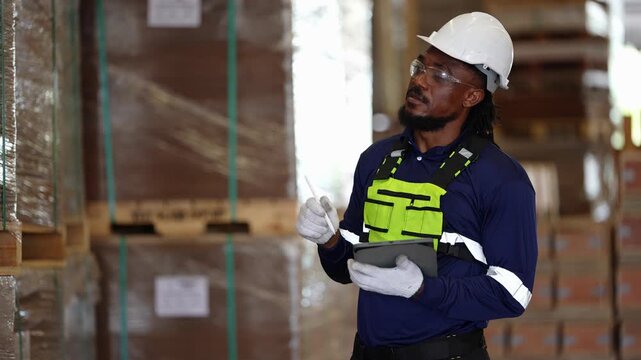 Black supervisor with dreadlocks and a white hard hat looks up and points at shrink-wrapped pallets while holding a digital tablet, inside a plywood and timber factory