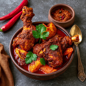Spicy indian style chicken curry served in a clay bowl with fresh cilantro garnish