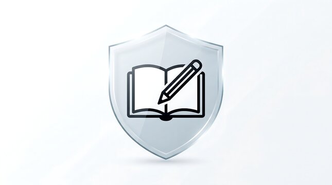 Transparent Glass Shield Protecting Open Book and Pencil Icon for Education Security