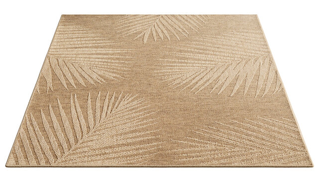 Brown rectangular polypropylene rug with a palm leaf pattern and textured woven surface, suitable for indoor and outdoor spaces.