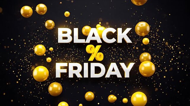 Black Friday promotional text animation with floating golden spheres