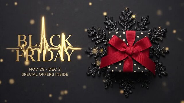 Elegant holiday gift box with red ribbon on dark background for sales
