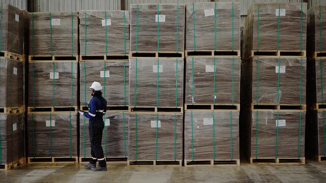 Wide shot of a Black supervisor with a tablet walking along a huge wall of shrink wrapped pallets and turning toward the camera inside a timber and pallet warehouse