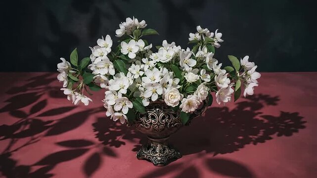 Elegant white spring blossoms in ornate metallic vase on dark tabletop