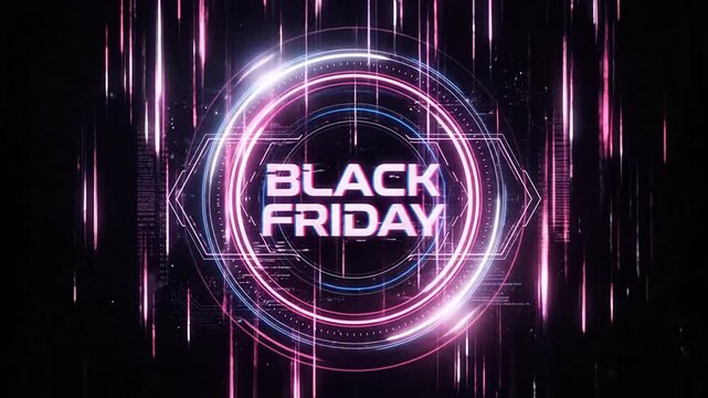 Glowing neon black friday sign with futuristic circles and light streaks
