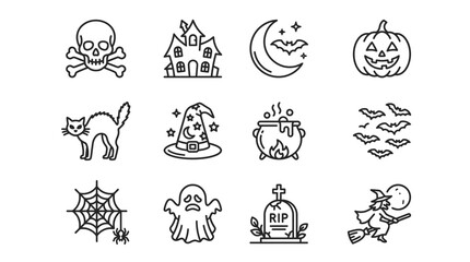 Obraz premium Minimalist Black and White Halloween Themed Icon Set with Skull Pumpkin Witch Ghost and Graveyard Illustrations