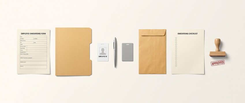 Employee Onboarding Documents and Office Essentials Set with ID Badge, Checklist, Folder, Envelope and Approval Stamp on Light Background
