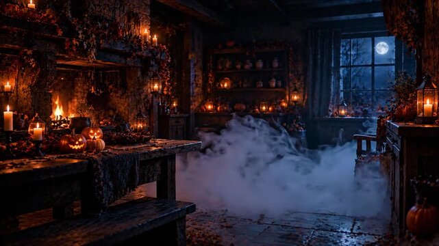 Halloween witchcraft ritual scene with candlelit potions and carved pumpkins in mystical apothecary