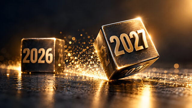 Luxury 2027 New Year concept with a rolling metallic number cube transitioning from 2026, dramatic golden light, dark studio background and festive particles.