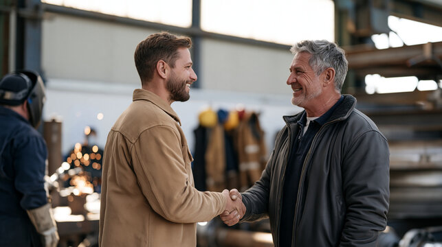 A welding apprentice nervously greeting his new senior mentor in an industrial workshop, sparks frozen mid-air from a nearby welder, safety gear hanging on the wall behind them,