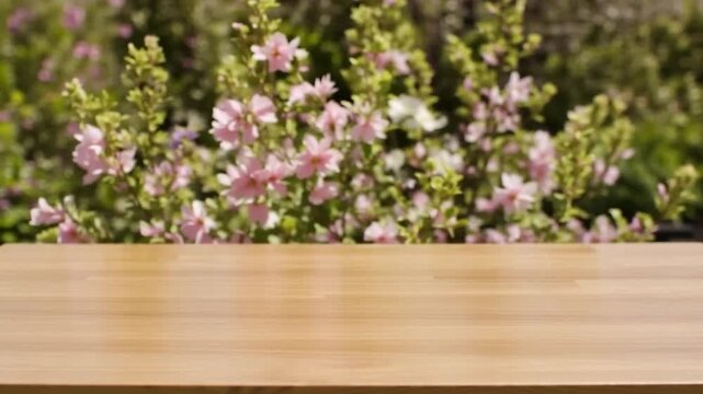 Empty light wooden tabletop with a softly blurred flowering garden for fresh natural product presentation.