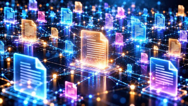 Distributed file sharing network visualizes glowing document icons in a virtual workspace.