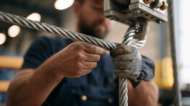Close up of calloused hands threading galvanized steel aircraft cable through a rigging block overhead, industrial work gloves folded back at the wrist as a stage rigger