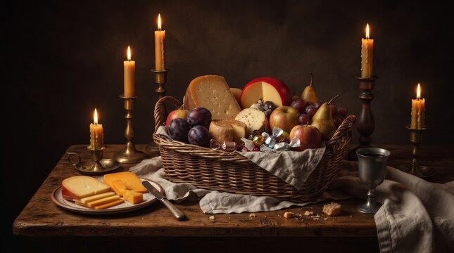 Still life composition featuring a lavish feast with bread fruit wine and lit candles on a dark wooden table