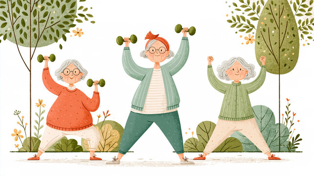 Cartoon elderly women with dumbbells in the park, flat design