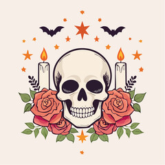 Fototapeta premium Spooky Halloween Skull Surrounded by Candles, Roses, and Bats for a Festive Celebration