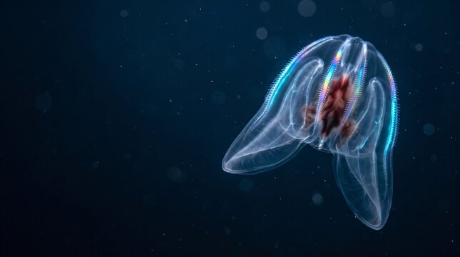 Bathocyroe Fosteri Lobate Ctenophore Comb Jellyfish in Deep Sea Waters with Rainbow Cilia and Luminous Cyan Lobes for Marine Science Ecology Biodiversity Editorial Banner with Unoccupied Copy Space