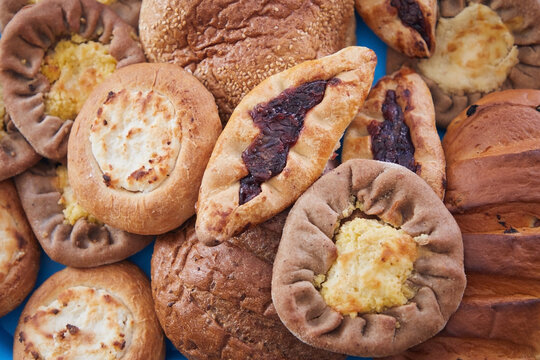 Lots of pies close-up, top view