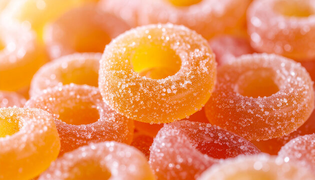 Translucent peach gummy rings in sparkling sugar crystals, glossy chewy texture, appetizing pile, confectionery concept. Sweet food. Close-up.