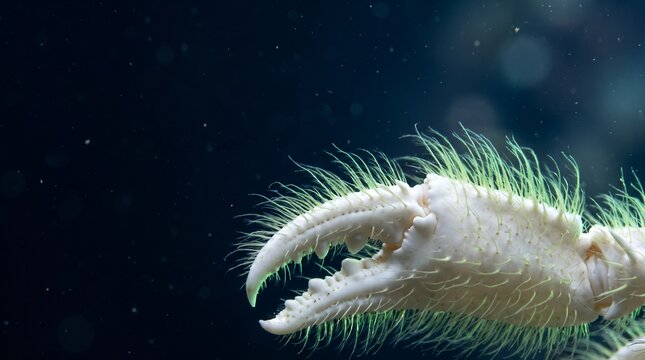 Kiwa Hirsuta Deep Sea Yeti Crab Chela Claw in Hydrothermal Ocean Abyss with Glowing Green Bacteria Setae for Marine Zoology Microbiology Education Media Banner with Unoccupied Dark Left Copy Space