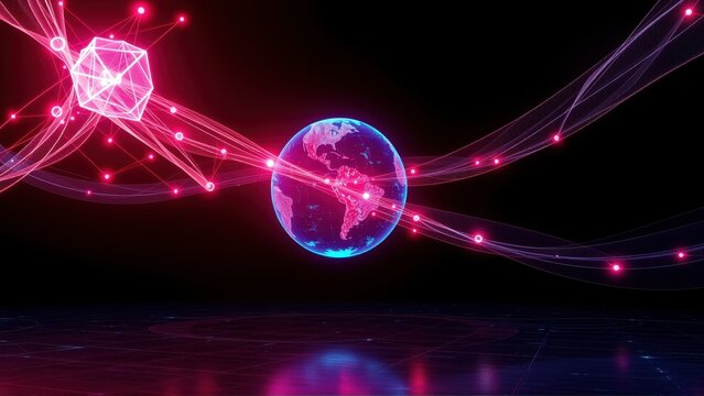 Futuristic scene. Glowing Earth connected via pink lines to complex cube structure. Dark background emphasizes neon illumination. Digital network concept.