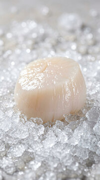 A single fresh raw scallop placed on a bed of crushed ice.