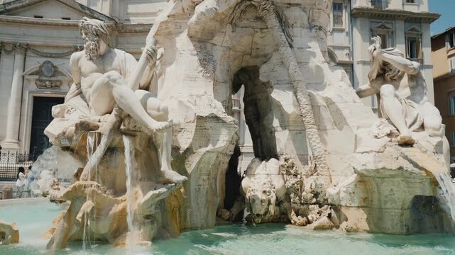 Bernini Fountain of the Four Rivers at Piazza Navona in Rome with Sant Agnese in Agone church.