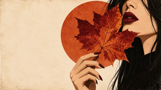 Elegant Autumn Woman Holding Maple Leaf Against Orange Sun