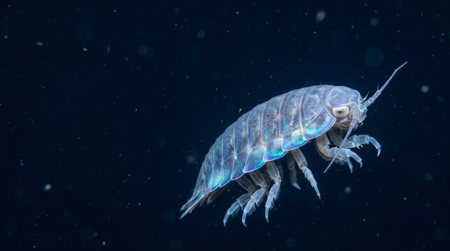 Anuropus Bathypelagicus Pelagic Isopod Crustacean in Deep Ocean Waters with Iridescent Carapace and Natatory Pleopods for Marine Zoology Biology Research Wallpaper with Left Unoccupied Copy Space