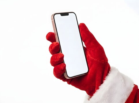 Hand wearing a red santa glove holding a blank smartphone with a white screen