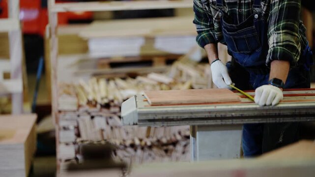 Faceless carpenter in plaid and denim bib overalls measures a plywood board with a yellow tape and marks it on the saw table inside a timber and plywood factory