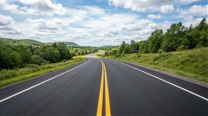 Obraz premium Winding road stretches through lush green hills. Blue sky with soft white clouds above. Yellow lines divide the smooth asphalt surface. Trees line both sides of the road, vibrant and tall