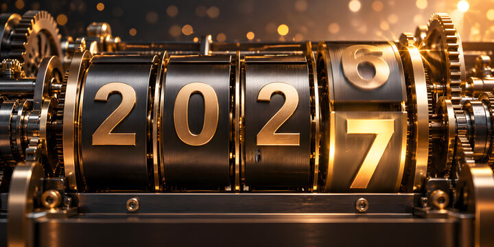 New Year 2027 mechanical counter changing from 2026 to 2027 with rotating number wheels, visible gears and golden metal details, symbolizing countdown, transition and new beginnings.