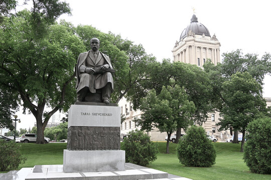 Winnipeg, Manitoba, Canada - July 2, 2026: Taras Shevchenko Monument near the Manitoba Legislative Building in Winnipeg.