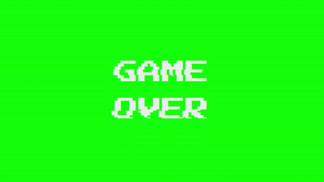 Game over pixel art text with glitch effect on green screen