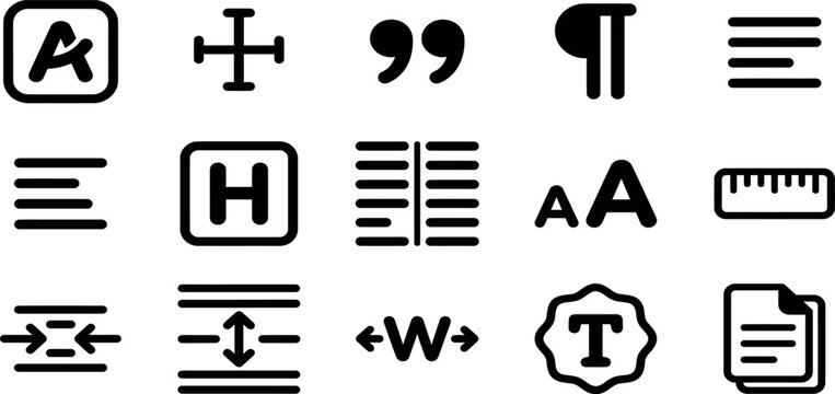 Set of black and white text editing and typography icons for graphic design and document formatting tools