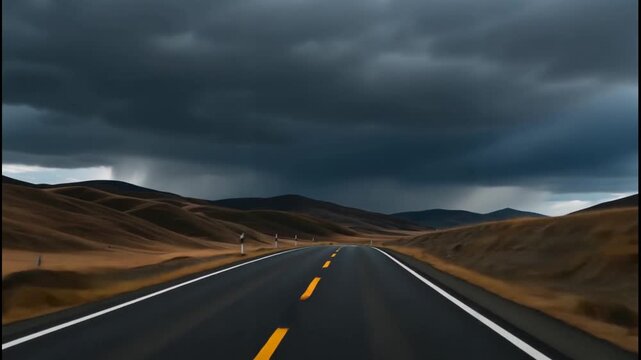 Empty highway stretching through golden hills under dramatic stormy sky with sunbeams piercing clouds