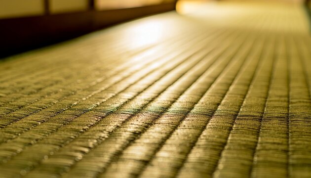 Close-up texture of tatami mat woven straw surface in natural green-gold tone