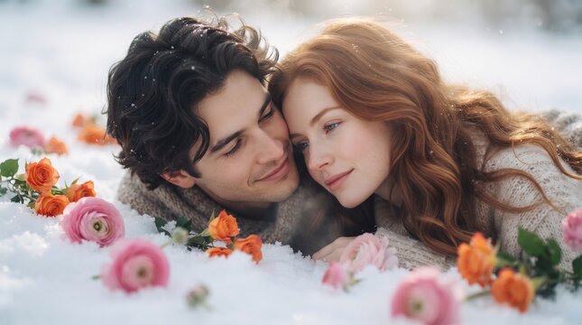 A romantic young couple lies together on white snow surrounded by beautiful colorful flowers during a cold winter day while sharing a very loving embrace
